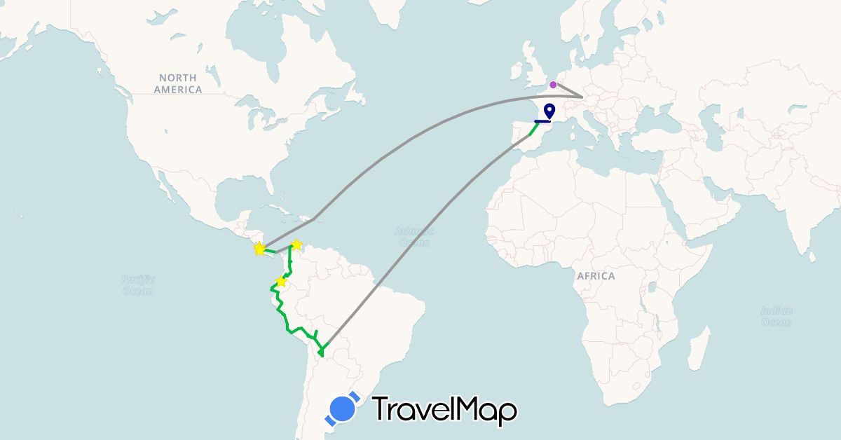 TravelMap itinerary: driving, bus, plane, train, hiking in Belgium, Bolivia, Colombia, Costa Rica, Germany, Dominican Republic, Ecuador, Spain, France, Panama, Peru (Europe, North America, South America)